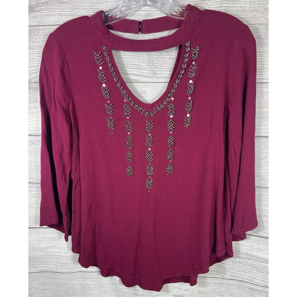 Red Camel Women's V-neck Beaded And Sequin Maroon Blouse 3/4 Sleeve Size Medium